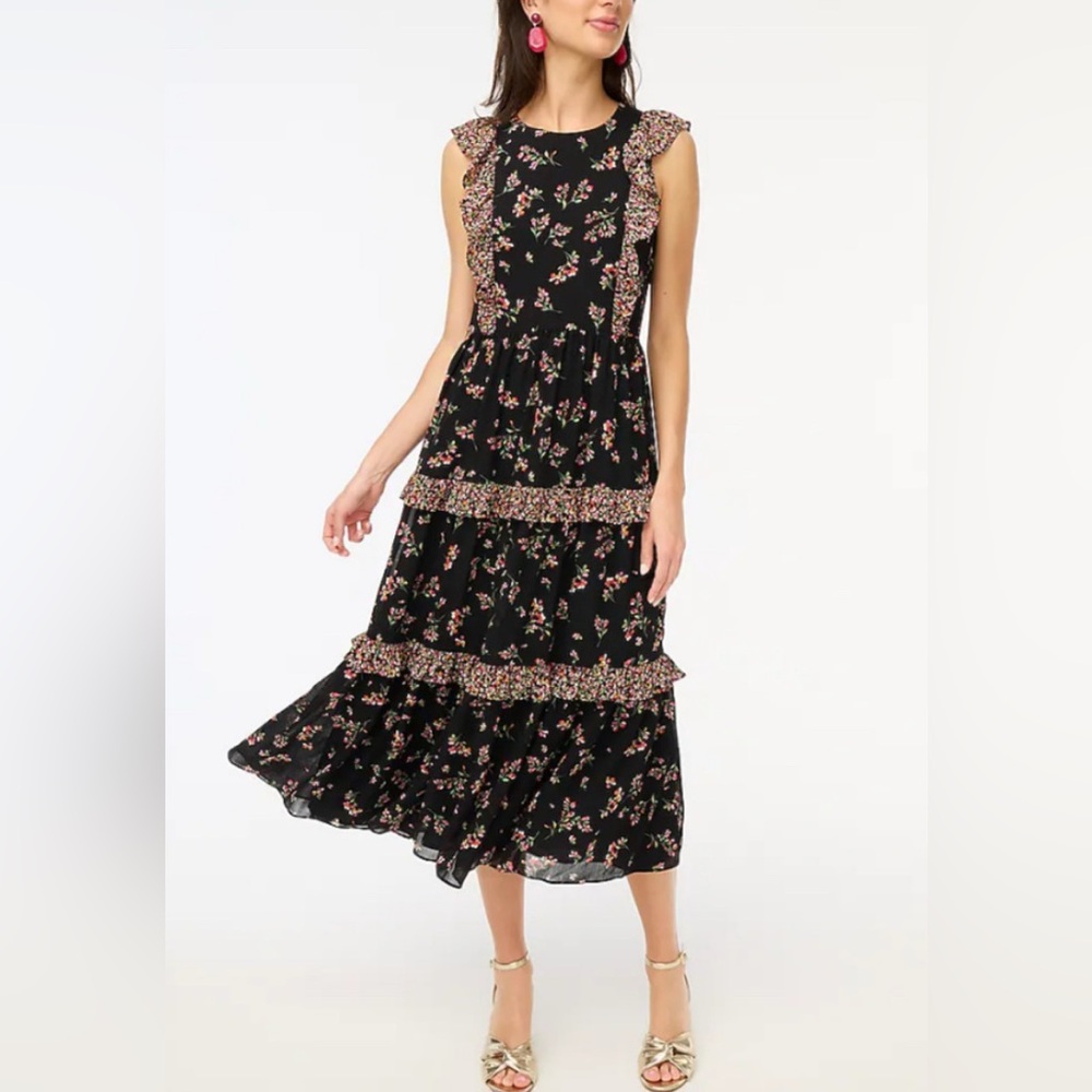J.Crew Black Floral Ruffle Tiered Midi Dress - Picture 6 of 7